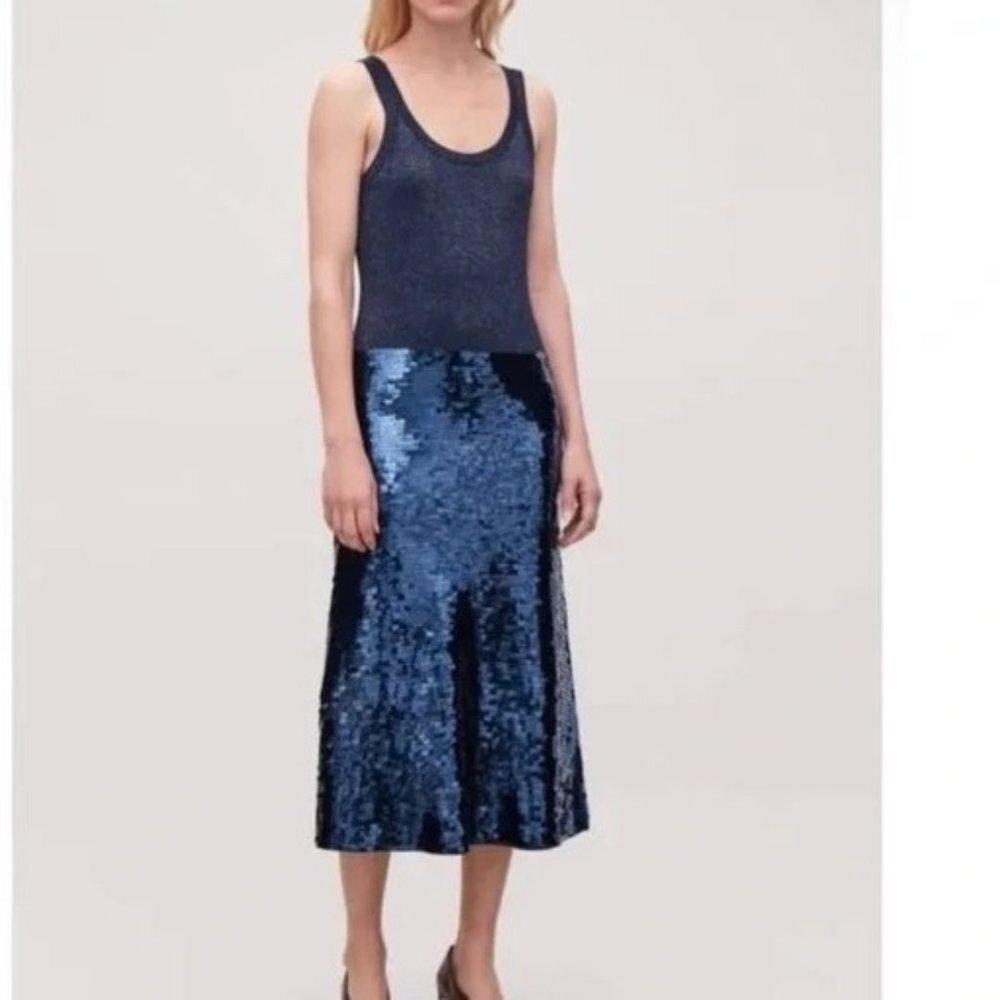 MSRP 225 NEW COS SEQUIN DRESS SMALL MIDI TRUMPET STYLE TANK KNIT SHIMMER SEQUINS